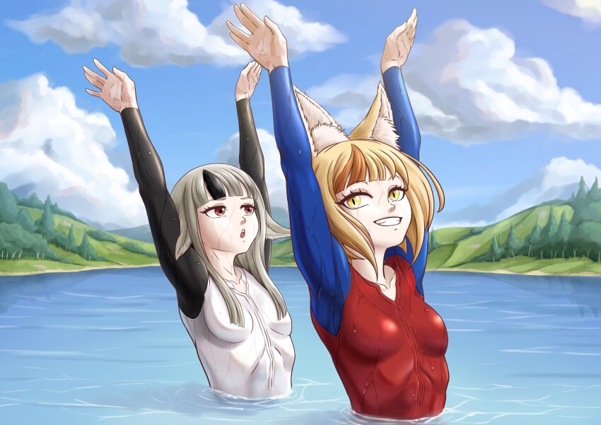 2girls, absurdres, alternate_costume, anander0, animal_ears, arms_up, blonde_hair, breasts