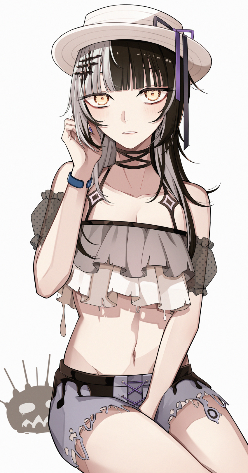 1girl, absurdres, bikini, black_hair, breasts, cleavage, frilled_bikini, frills