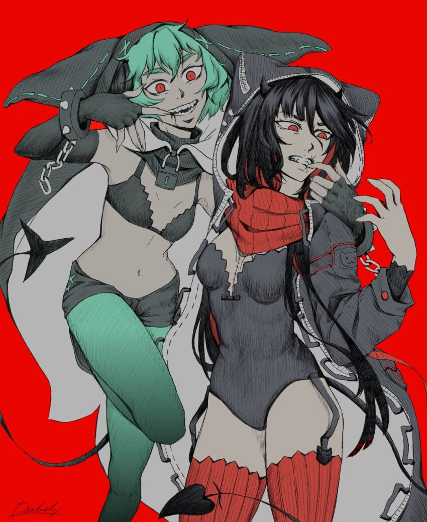 1sabe1x, 2girls, animal_hood, arm_over_shoulder, arm_up, black_horns, black_shoes, bra