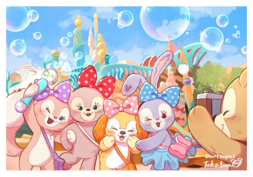 1boy, 4girls, animal_ears, bow, bubble, cookieann, disneyland, duffy_and_friends