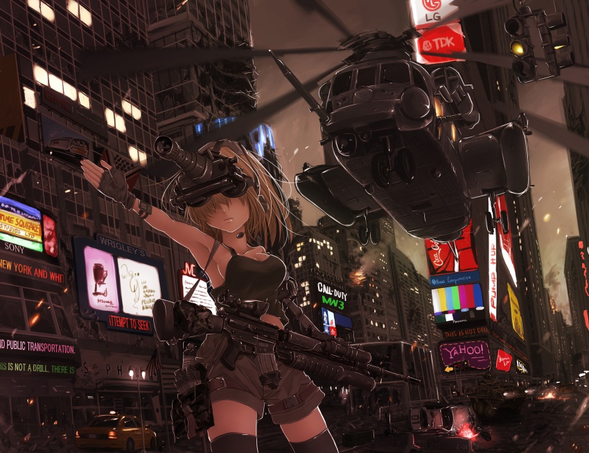 1girl, ad, aircraft, armored_personnel_carrier, armored_vehicle, assault_rifle, bad_id, bad_pixiv_id, building, call_of_duty, call_of_duty:_modern_warfare_3, car, ch-53, coca-cola, crop_top, english_text, engrish_text, explosive, fingerless_gloves, gloves, grenade, grenade_launcher, gun, handgun, headset, helicopter, highres, koh_(minagi_kou), lg_electronics, m16, m16a4, midriff, military, military_vehicle, motion_blur, motor_vehicle, new_york_city, night-vision_device, night_vision, pistol, police_car, ranguage, real_world_location, rifle, shorts, sony, taxi, test_card, thighhighs, times_square, underbarrel_grenade_launcher, weapon, wrigley's, yahoo!, zettai_ryouiki