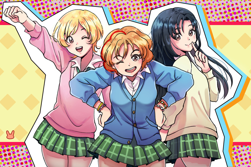 3girls, absurdres, black_hair, blonde_hair, bracelet, brown_eyes, gals!, highres