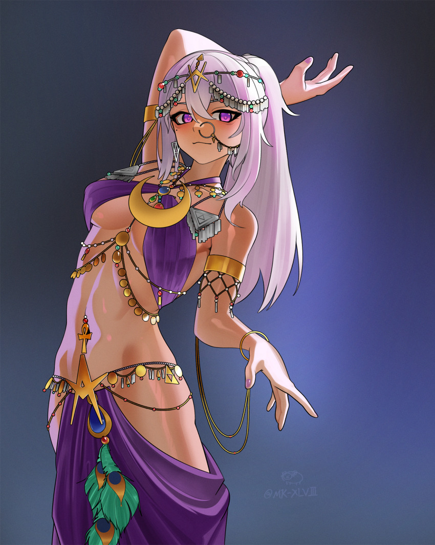 1girl, alternate_costume, ancient_egyptian, ancient_egyptian_clothes, arabian_clothes, armlet, dark-skinned_female, dark_skin, girls'_frontline, girls'_frontline_2:_exilium, gold, gold_armlet, highres, jewelry, long_hair, mk_xlviii, navel, nemesis_(girls'_frontline_2), purple_eyes, purple_hair, solo
