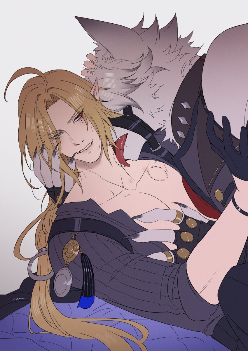 2boys, ahoge, animal_ears, badge, bite_mark, bite_mark_on_chest, bite_mark_on_neck, biting_own_lip