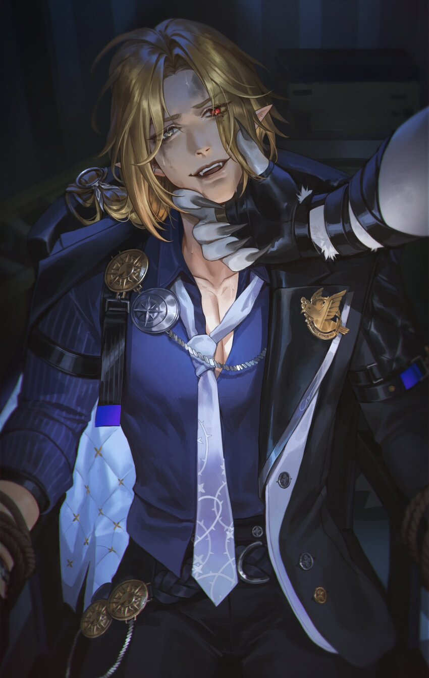 2boys, badge, black_gloves, black_jacket, black_pants, blonde_hair, blue_necktie, blue_shirt