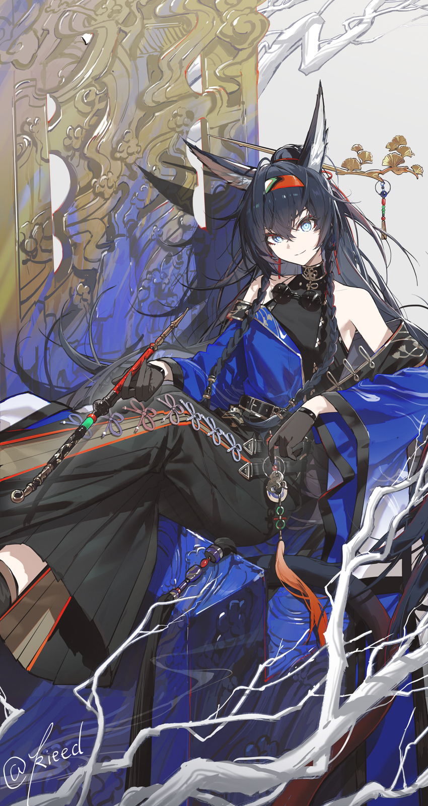 1girl, absurdres, animal_ear_fluff, animal_ears, arknights, bare_shoulders, black_gloves, black_hair