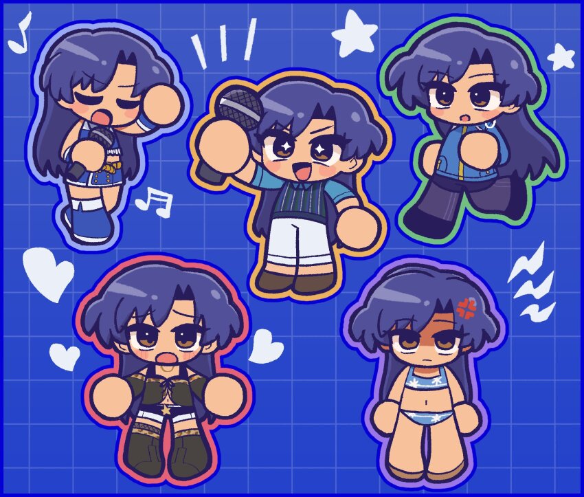 +_+, 1girl, anger_vein, beauty_swimsuit_(idolmaster), bikini, black_pants, blue_background, blue_bikini