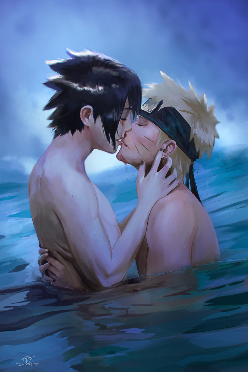 2boys, absurdres, black_hair, black_nails, blonde_hair, blood, blood_on_face, bloody_tears