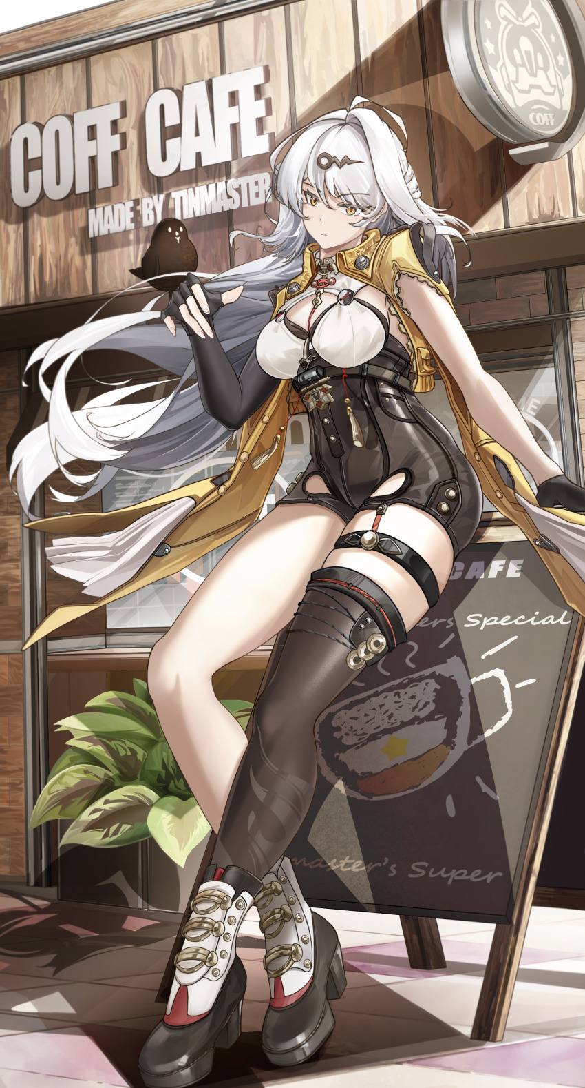 1girl, absurdres, asymmetrical_gloves, bird, bird_on_hand, black_gloves, black_shorts, black_thighhighs