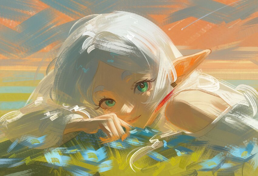 1girl, closed_mouth, commentary, elf, frieren, green_eyes, grey_hair, highres