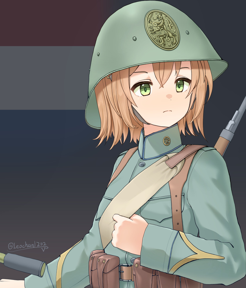 1girl, absurdres, ammunition_pouch, artist_name, belt, bicycle, brown_belt, closed_mouth