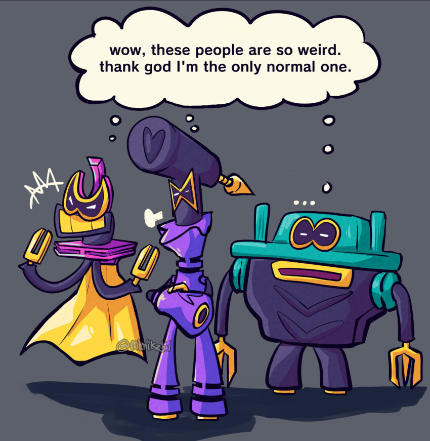 ..., 3boys, ^^^, cape, ecks_(mario), full_body, grey_background, male_focus, mario_&amp;_luigi:_brothership, mario_&amp;_luigi_rpg, mario_(series), meme, mimikabii, multiple_boys, nintendo, shun_(mario), standing, ten_(mario), twitter_username, wow_these_people_are_so_weird_thank_god_im_the_only_normal_person_here_(meme), yellow_cape