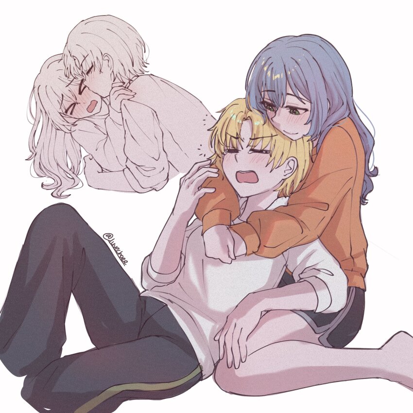 >_<, 2girls, =_=, arms_around_neck, asahi_rokka, bang_dream!, bang_dream!_girls_band_party!, barefoot