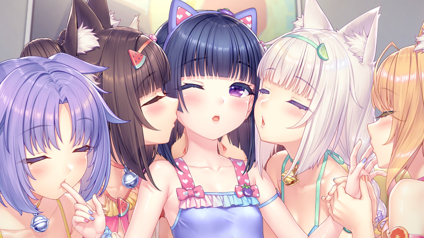 6+girls, :o, ahoge, alternate_hairstyle, animal_ear_fluff, animal_ear_hairband, animal_ears, arm_strap