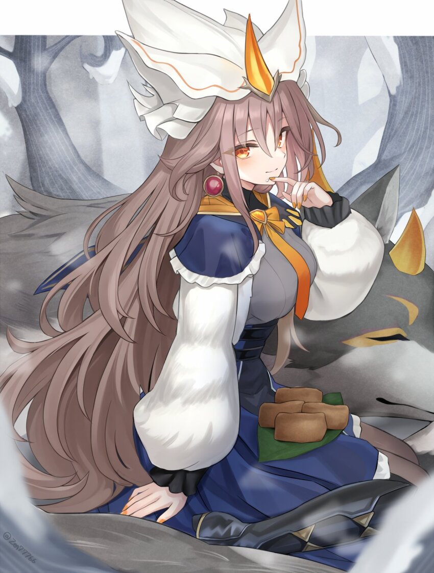 1girl, brown_hair, dress, duel_monster, earrings, fingernails, forest, hair_between_eyes