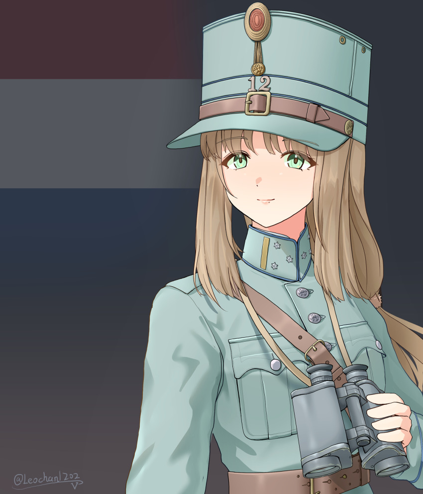 1girl, absurdres, artist_name, belt, binoculars, breast_pocket, brown_belt, closed_mouth