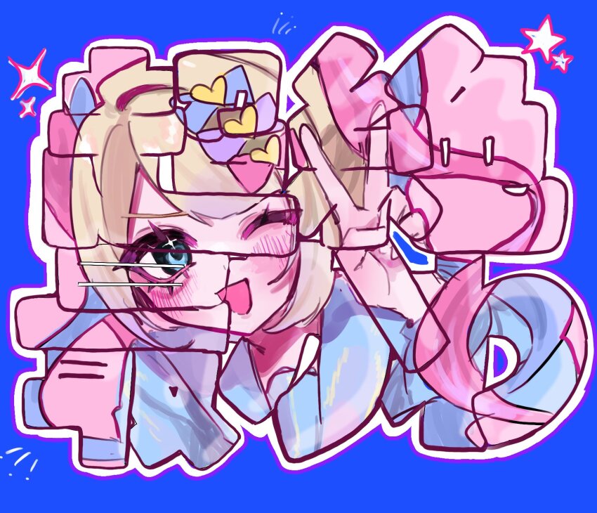 !, !!, 1girl, ;d, blonde_hair, blue_background, blue_eyes, blue_hair