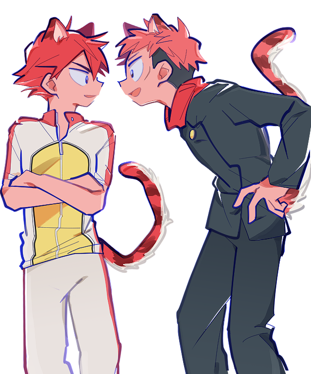 :d, animal_ears, commentary, crossed_arms, crossover, extra_ears, eye_contact, facial_mark, feet_out_of_frame, hair_between_eyes, hands_on_own_hips, itadori_yuji, jujutsu_kaisen, jujutsu_tech_uniform, kemonomimi_mode, leaning_forward, long_sleeves, looking_at_another, naruko_shoukichi, o_omome, open_mouth, pants, partially_unzipped, pink_hair, red_hair, short_hair, short_sleeves, simple_background, smile, spiked_hair, untranslatable_commentary, tail, tiger_ears, tiger_tail, track_pants, trait_connection, tsurime, undercut, v-shaped_eyebrows, white_background, yowamushi_pedal