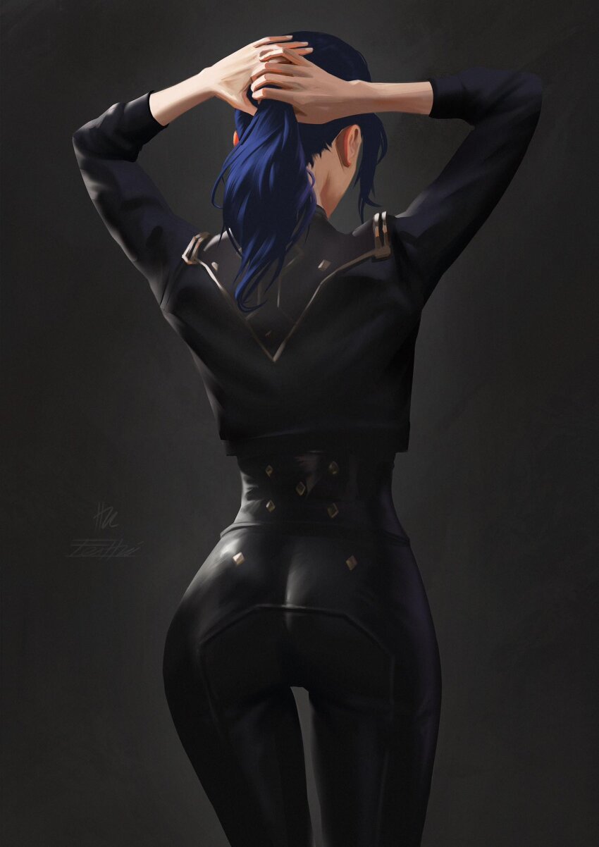 1girl, arcane:_league_of_legends, ass, black_jacket, black_pants, blue_hair, brown_background, caitlyn_(league_of_legends), cowboy_shot, fei_hai, from_behind, gradient_background, highres, jacket, league_of_legends, long_hair, pants, solo