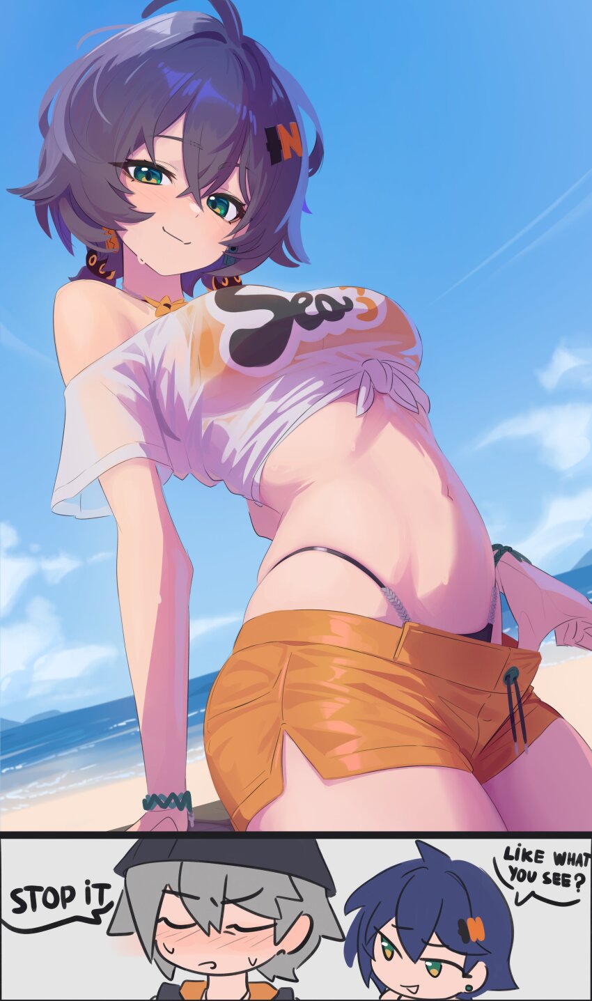 1boy, 1girl, absurdres, anonds31, bare_shoulders, beach, belle_(summer_skies)_(zenless_zone_zero), belle_(zenless_zone_zero), bikini, bikini_under_clothes, black_bikini, blue_hair, blue_sky, blush, bracelet, breasts, brother_and_sister, bucket_hat, english_text, green_eyes, grey_hair, hair_ornament, hat, highleg, highleg_bikini, highres, implied_incest, incest, jewelry, letter_hair_ornament, looking_at_viewer, low_twintails, medium_breasts, mismatched_bikini, navel, orange_bikini, orange_shorts, shirt, shore, short_hair, short_shorts, short_sleeves, short_twintails, shorts, siblings, sky, smile, speech_bubble, swimsuit, thighs, tied_shirt, twintails, white_shirt, wise_(zenless_zone_zero), zenless_zone_zero