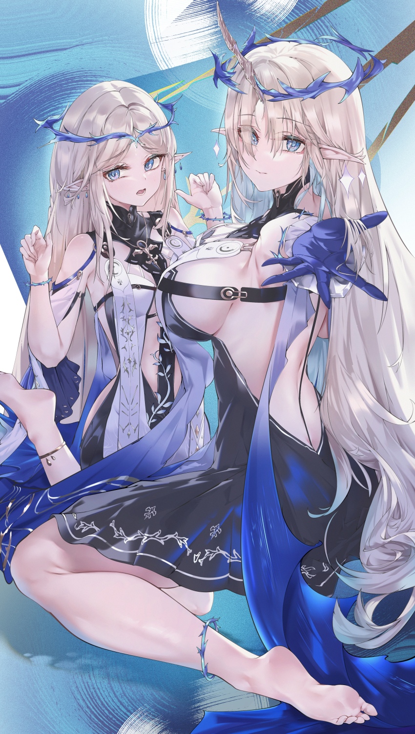 2girls, absurdres, anklet, back, bare_shoulders, barefoot, black_collar, black_dress, blonde_hair, blue_eyes, blue_hands, breasts, cartethyia_(wuthering_waves), collar, colored_inner_hair, commentary_request, dress, earrings, fleurdelys_(wuthering_waves), highres, horns, jewelry, large_breasts, long_hair, long_horns, looking_at_viewer, luridrumours, multicolored_hair, multiple_girls, open_mouth, outstretched_arm, pointy_ears, sideboob, single_horn, sitting, smile, tabard, very_long_hair, white_tabard, wuthering_waves, yellow_horns
