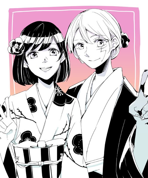 1boy, 1girl, allen_walker, aogr_xa, black_hair, black_robe, bob_cut, border, d.gray-man, facial_mark, facing_viewer, floral_print, floral_print_kimono, flower, gradient_background, greyscale, grin, hair_between_eyes, hair_bun, hair_flower, hair_ornament, japanese_clothes, kimono, lenalee_lee, looking_at_viewer, medium_hair, monochrome, outside_border, pink_background, print_kimono, robe, scar, scar_across_eye, scar_on_face, short_hair, smile, v, waistband, white_border, white_hair, wide_sleeves