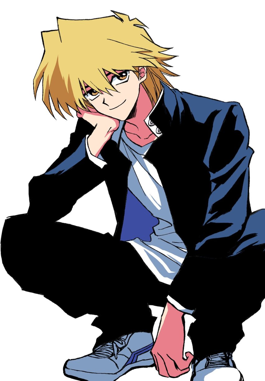 1boy, black_jacket, black_pants, blazer, blonde_hair, brown_eyes, elbow_on_knee, elbow_rest