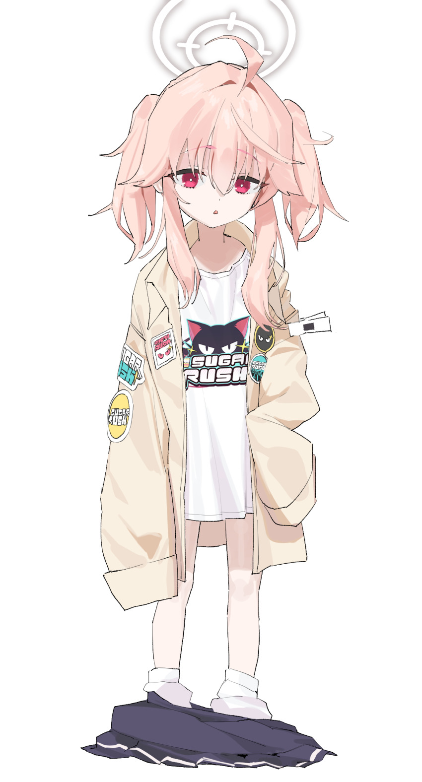 1girl, :o, age_regression, aged_down, ahoge, badge, blue_archive, bright_pupils, commentary_request, full_body, halo, highres, jacket, kiyoung_park, korean_commentary, logo_print, loli, looking_at_viewer, natsu_(band)_(blue_archive), natsu_(blue_archive), oversized_clothes, print_shirt, red_eyes, shirt, sidelocks, simple_background, skirt, sleeves_past_fingers, sleeves_past_wrists, socks, solo, triangle_mouth, twintails, unworn_skirt, white_background, white_pupils, white_shirt, white_socks, yellow_jacket