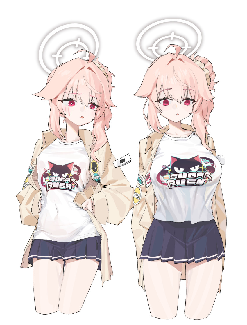 2girls, :o, ahoge, alternate_breast_size, badge, black_skirt, blue_archive, breast_envy