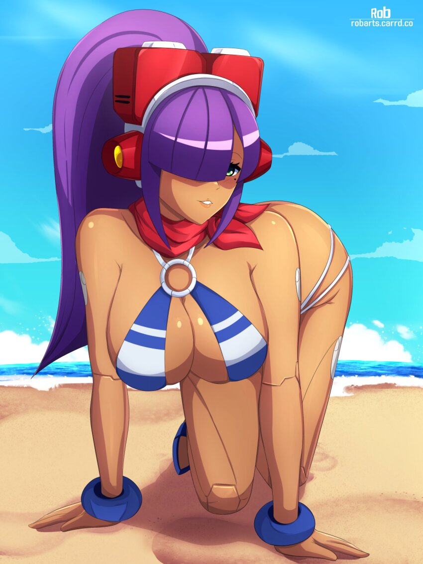 1girl, absurdres, android, arm_support, artist_name, bandana, beach, bikini