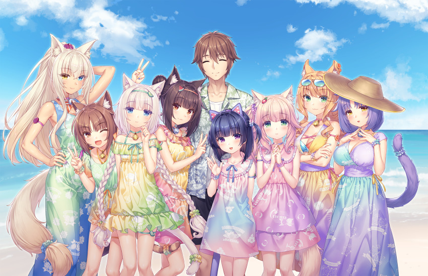1boy, 6+girls, :3, :d, alternate_hairstyle, animal_ear_fluff, animal_ear_hairband, animal_ears