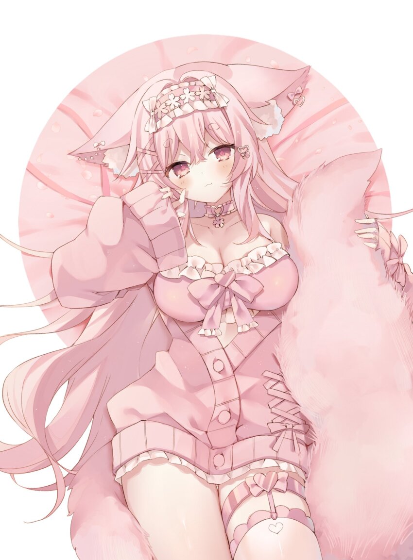 1girl, animal_ear_piercing, animal_ears, asymmetrical_legwear, bra, breasts, cardigan, choker