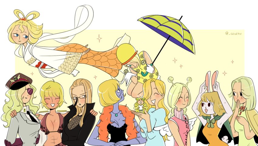 6+girls, abs, antenna_hair, black_dress, blonde_hair, blue_eyes, blunt_bangs, blush