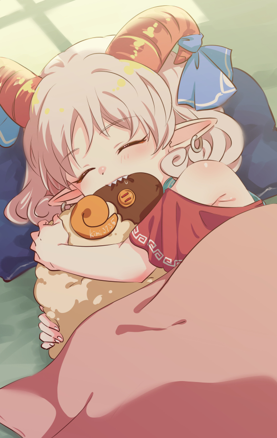 1girl, biting, blanket, blush, closed_eyes, commentary_request, curly_hair, earrings, grey_hair, head_on_pillow, hoop_earrings, horn_ornament, horn_ribbon, horns, hugging_doll, hugging_object, jewelry, kimi3735, pillow, pointy_ears, red_horns, red_sleeves, ribbon, sharp_teeth, sheep_horns, sleeping, solo, stuffed_animal, stuffed_sheep, stuffed_toy, teeth, touhou, toutetsu_yuuma, under_covers