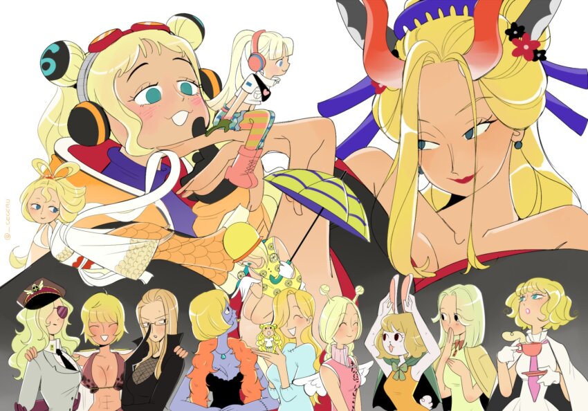6+girls, abs, antenna_hair, bare_shoulders, black_dress, black_kimono, black_maria_(one_piece), blonde_hair, blue_eyes, blunt_bangs, blush, bob_cut, boots, capelet, cardigan_on_shoulders, carrot_(one_piece), cesel, commentary, conis_(one_piece), cup, domino_(one_piece), double_bun, dress, earrings, english_commentary, feather_boa, fishnet_top, fishnets, flying, food_print, freckles, fruit_print, giant, giantess, glasses, gloves, green_capelet, hagoromo, hair_bun, hair_ornament, hair_over_one_eye, hair_slicked_back, half_updo, headphones, hibari_(one_piece), highres, holding, holding_cup, holding_umbrella, horns, japanese_clothes, jewelry, kalifa_(one_piece), kanzashi, kaya_(one_piece), kimono, lemon_print, long_hair, mansherry, marguerite_(one_piece), medium_hair, mermaid, mini_person, minigirl, miss_valentine, monster_girl, multiple_girls, necklace, necktie, notice_lines, one_piece, otohime_(one_piece), pearl_earrings, pink_boots, pink_dress, pink_necktie, rabbit_girl, red_horns, red_lips, shawl, short_hair, simple_background, sleeveless, sleeveless_dress, sparkle, stitched_face, stitches, stussy_(one_piece), sunglasses, turtleneck, turtleneck_dress, twitter_username, umbrella, vegapunk_york, victoria_cindry, vinsmoke_sora, white_background, white_gloves