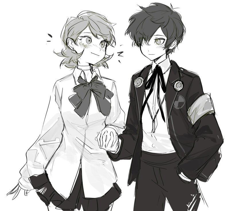 1boy, 1girl, armband, blush, bow, bowtie, cardigan, choker