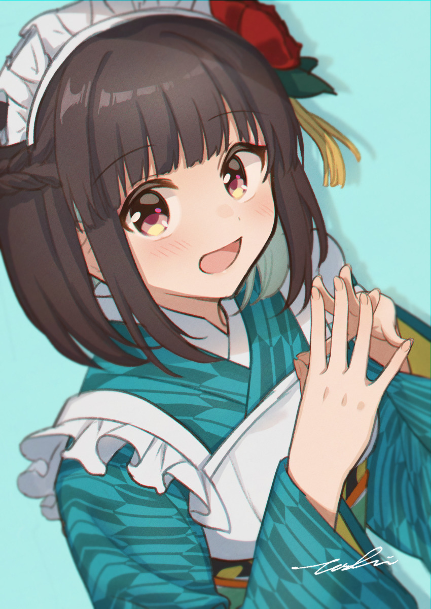 1girl, absurdres, apron, aqua_background, blue_kimono, blush, brown_eyes, colored_inner_hair