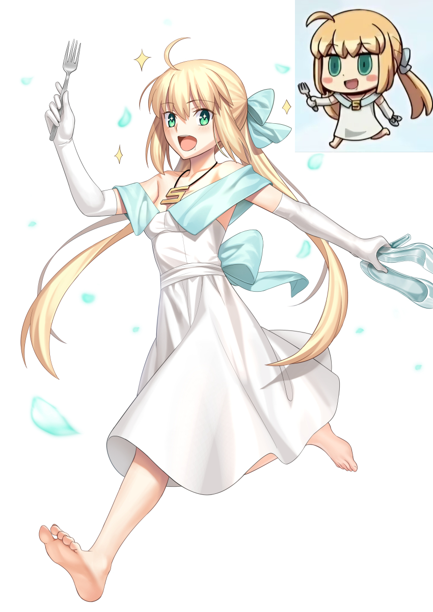 1girl, absurdres, ahoge, artoria_caster_(fate), artoria_caster_(fgo_fes._2025)_(fate), artoria_pendragon_(fate), bare_shoulders, barefoot, besmiled, blonde_hair, blush, breasts, dress, elbow_gloves, fate/grand_order, fate_(series), feet, fork, full_body, gloves, green_eyes, highres, long_hair, looking_at_viewer, open_mouth, small_breasts, smile, soles, solo, twintails, white_dress, white_gloves