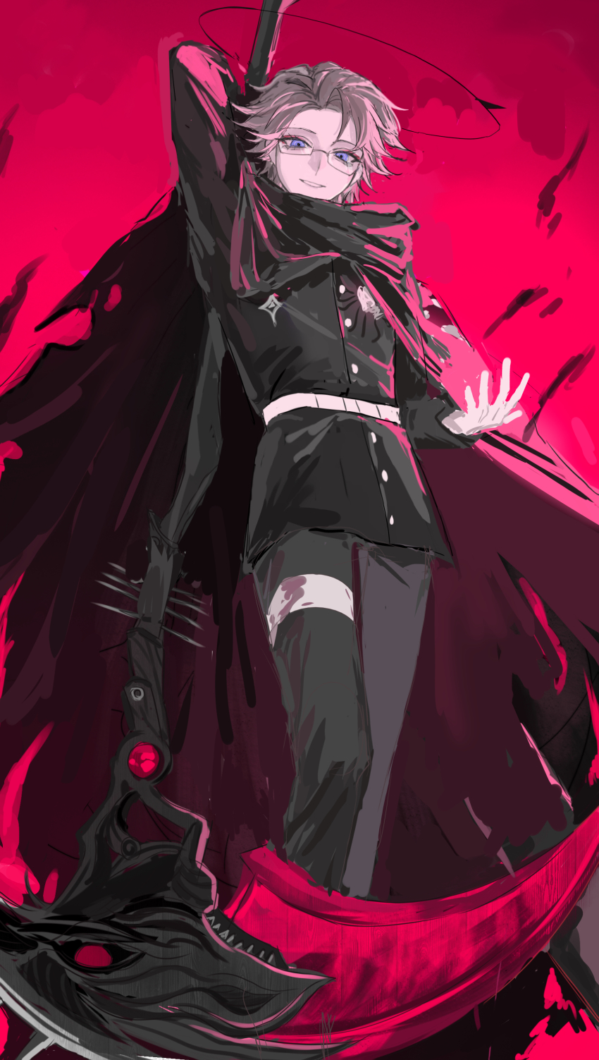 1boy, absurdres, aotsuki_eito, arm_up, armband, belt, black_halo, black_pants