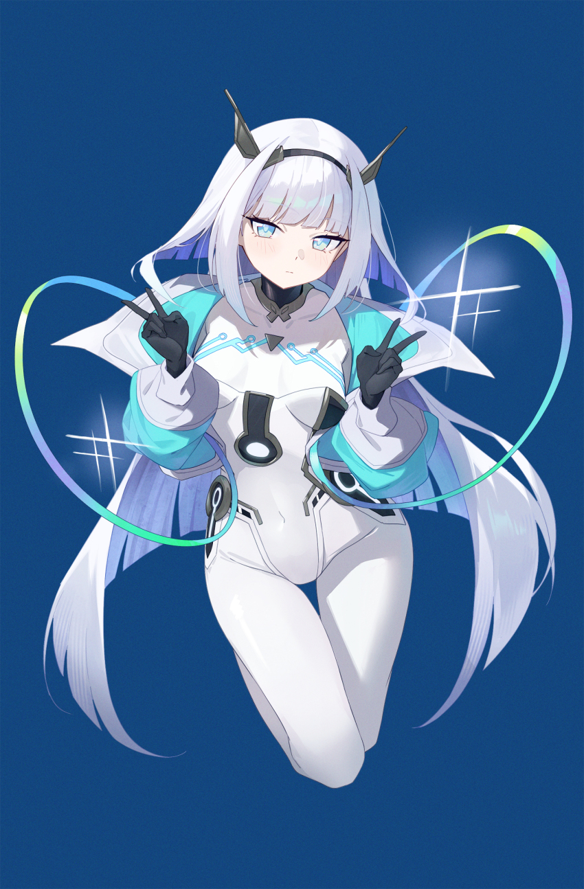 1girl, ace_(shadowverse), black_hairband, blue_background, blue_eyes, blue_jacket, blunt_ends, bodysuit