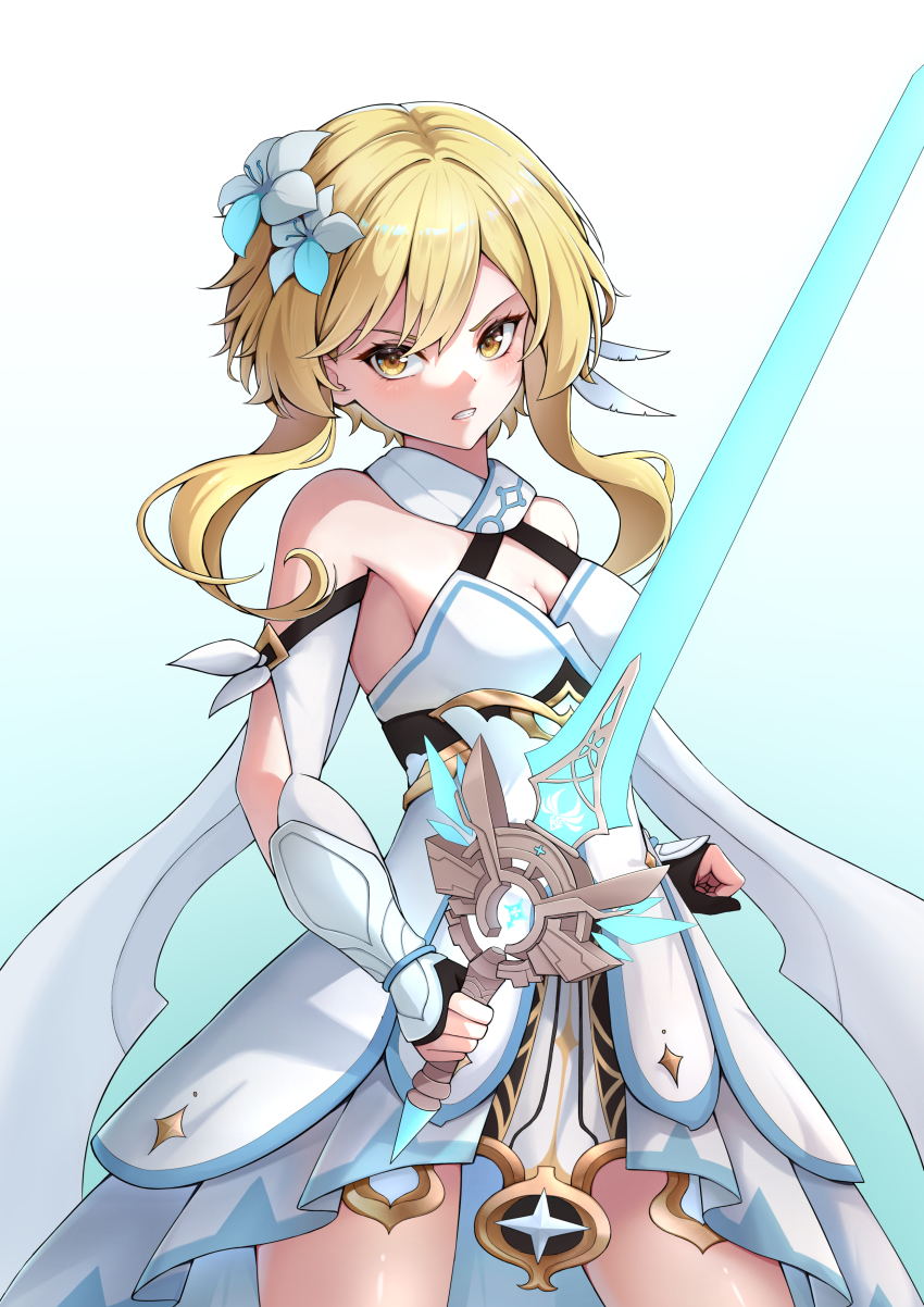 1girl, absurdres, anemo_symbol_(genshin_impact), aqua_background, arm_armor, armpits, bare_shoulders, black_gloves