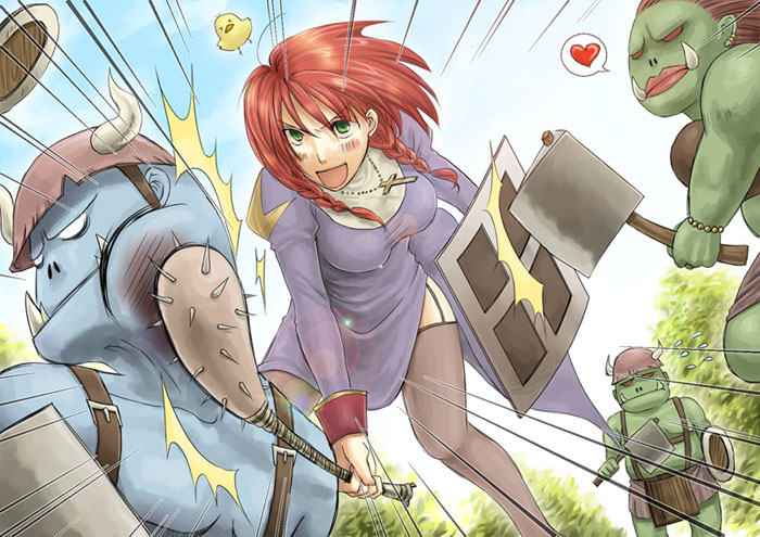 2boys, 2girls, :d, axe, blue_skin, blue_sky, breasts, colored_skin, commentary_request, cross, cross_necklace, day, dress, fake_horns, feet_out_of_frame, female_orc, garter_straps, green_eyes, green_skin, grey_thighhighs, heart, helmet, high_orc_(ragnarok_online), hitting, holding, holding_axe, holding_mace, holding_shield, holding_weapon, horned_helmet, horns, jewelry, juliet_sleeves, long_sleeves, looking_at_another, mace, medium_breasts, micoto, multiple_boys, multiple_girls, necklace, open_mouth, orc, orc_lady_(ragnarok_online), orc_warrior_(ragnarok_online), outdoors, priest_(ragnarok_online), puffy_sleeves, purple_dress, ragnarok_online, red_eyes, red_hair, shield, short_hair, side_slit, sky, smile, spoken_heart, thighhighs, tusks, v-shaped_eyebrows, weapon