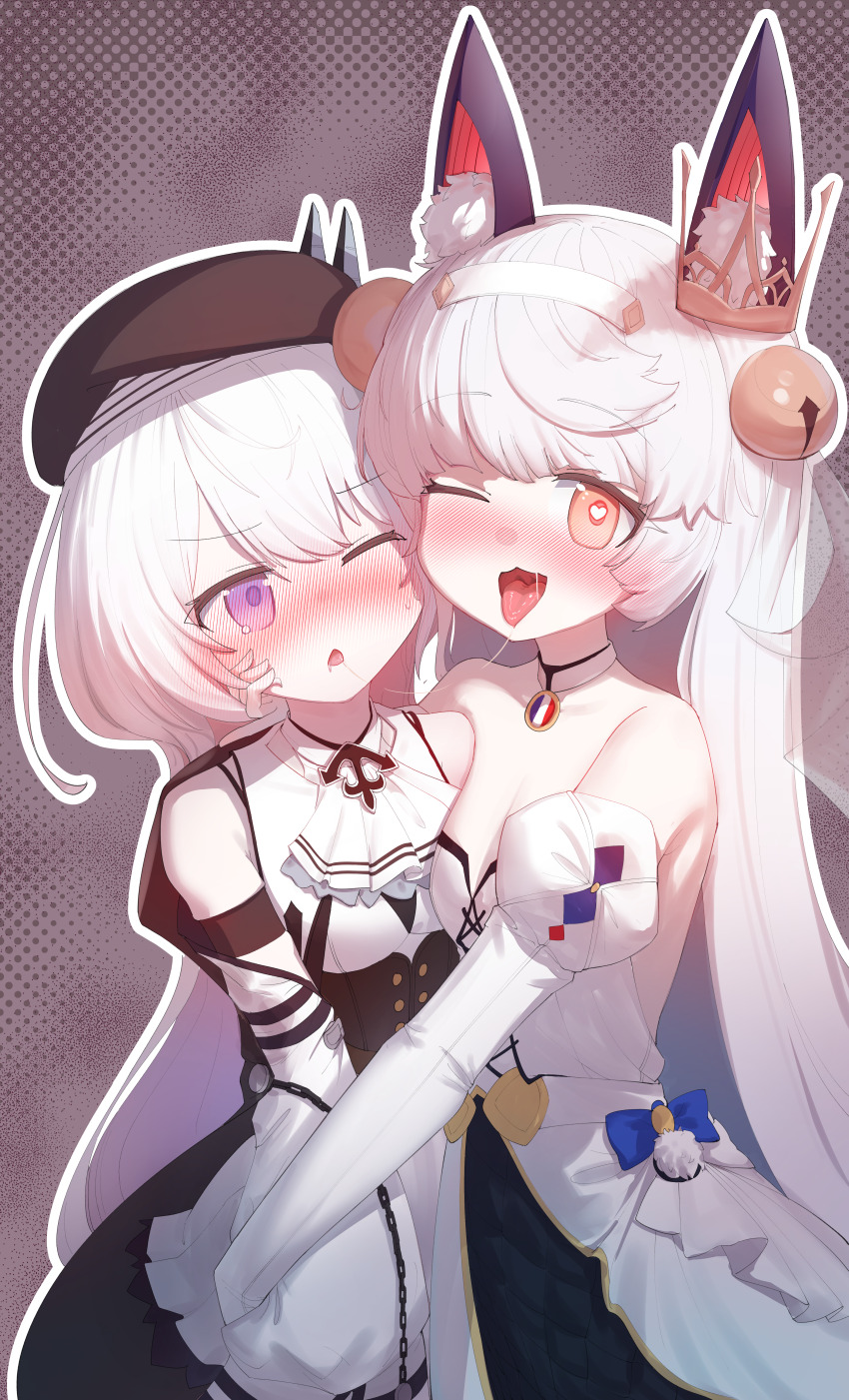 2girls, absurdres, after_kiss, arms_behind_back, black_hat, blush, dress, exhex_(hexieshizhe), gloves, hat, highres, hug, kiss, le_fantasque_(warship_girls_r), long_sleeves, looking_at_another, multiple_girls, non-web_source, open_mouth, saliva, saliva_trail, simple_background, white_dress, white_gloves, yuri