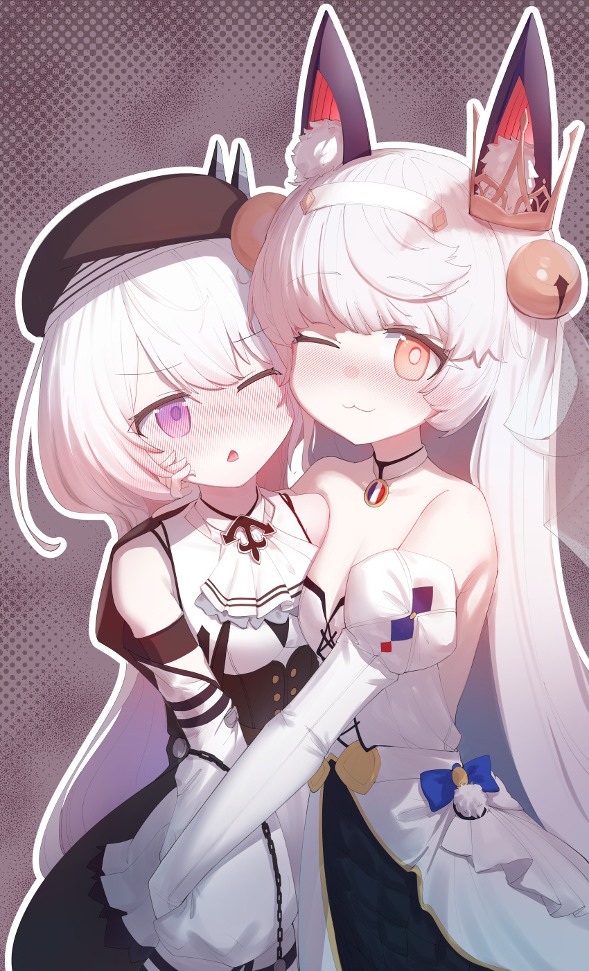 2girls, absurdres, arms_behind_back, black_background, blush, closed_eyes, dress, exhex_(hexieshizhe)