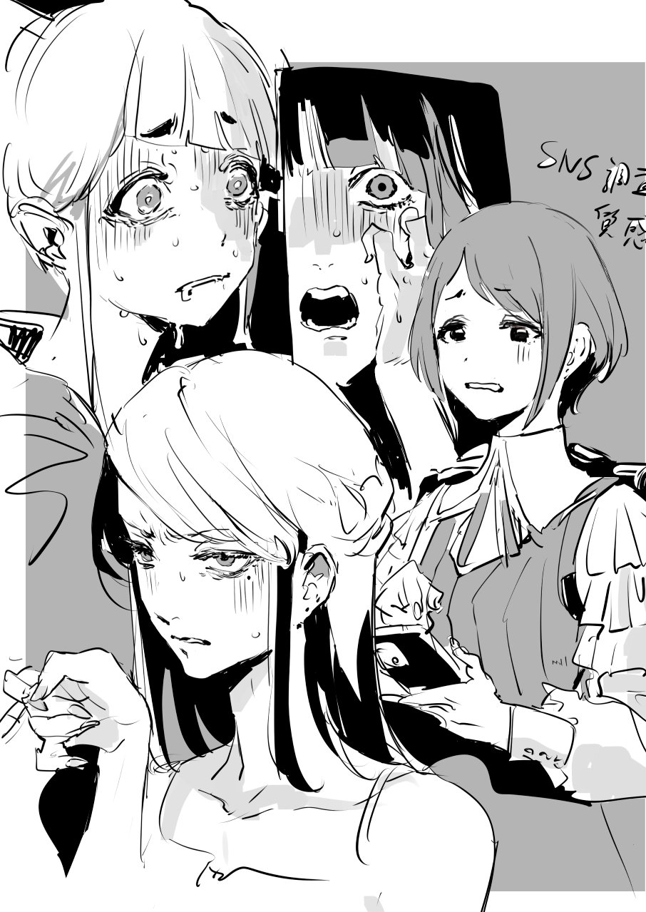 4girls, backpack, bag, blunt_bangs, collared_shirt, commentary_request, drooling, frilled_shirt