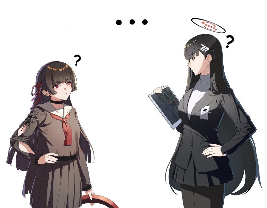 ..., 2girls, ?, absurdres, arm_cutout, ashamutoki, black_choker, black_hair, black_jacket, black_pantyhose, black_shirt, black_skirt, blue_archive, bright_pupils, chisa_(wuthering_waves), choker, clothing_cutout, commentary, eye_contact, game_screenshot_inset, hair_ribbon, halo, hand_on_own_hip, hashtag-only_commentary, highres, holding, holding_tablet_pc, jacket, long_hair, long_sleeves, look-alike, looking_at_another, meta, multiple_girls, pantyhose, red_eyes, red_ribbon, ribbon, rio_(blue_archive), sailor_collar, shirt, simple_background, skirt, tablet_pc, tacet_mark_(wuthering_waves), turtleneck, turtleneck_shirt, very_long_hair, white_background, white_pupils, white_sailor_collar, white_shirt, wuthering_waves