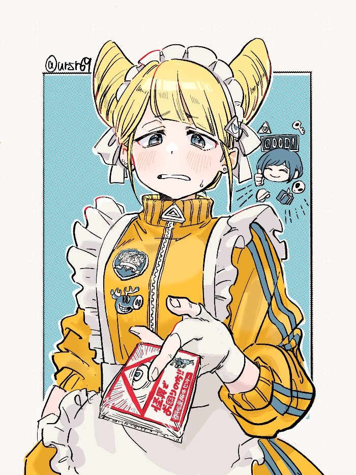 alternate_costume, apron, between_fingers, blonde_hair, blush, chibi, chibi_inset, commentary_request