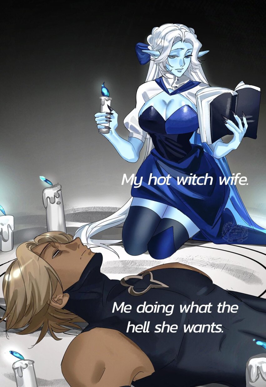 1boy, 1girl, bare_pectorals, black_thighhighs, blue_skin, book, breasts, candle, cleavage, colored_skin, genderswap, genderswap_(mtf), highres, holding, holding_book, holding_candle, jeenyumee, large_breasts, lying, meme, my_hot_witch_wife_(meme), on_back, pectorals, pure_vanilla_cookie, shadow_milk_cookie, lady_in_azure, shirt, sitting, thighhighs, tight_clothes, tight_shirt, white_hair