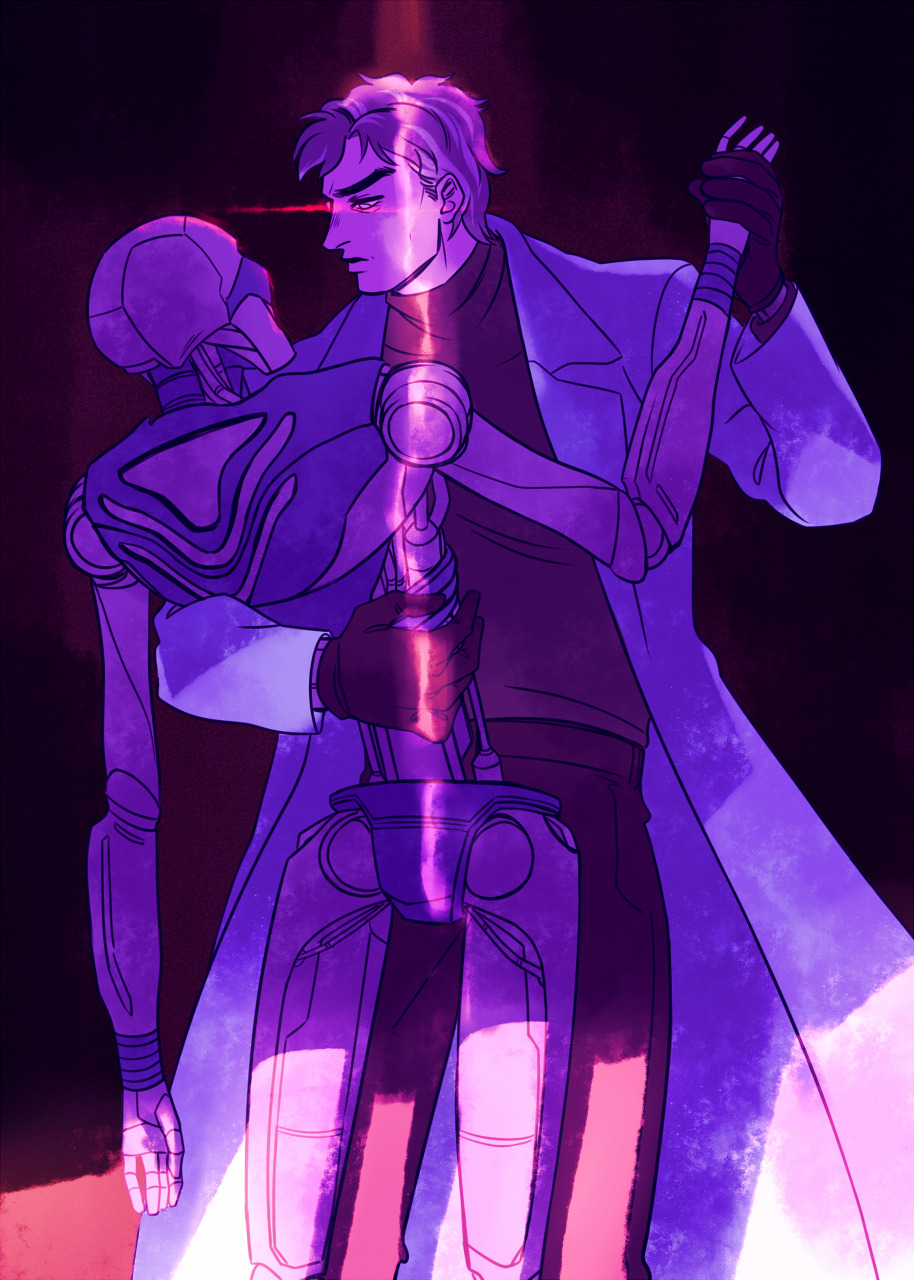 1boy, black_gloves, coat, commentary, english_commentary, gaulem_(kyokugen_dasshutsu), gloves, grey_hair, highres, kyokugen_dasshutsu, kyokugen_dasshutsu_adv:_zennin_shibou_desu, lab_coat, long_sleeves, male_focus, mature_male, open_clothes, open_coat, pants, rasstegai, robot, shirt, short_hair, sigma_(kyokugen_dasshutsu), spoilers