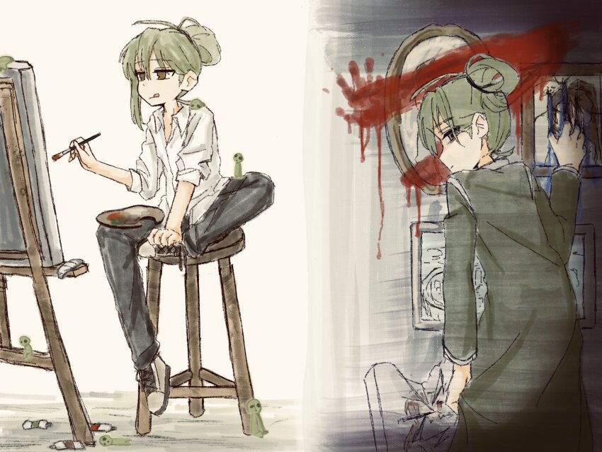 1boy, black_pants, blood, brown_eyes, coat, collared_shirt, floor_of_art's_glowing_creature, full_body